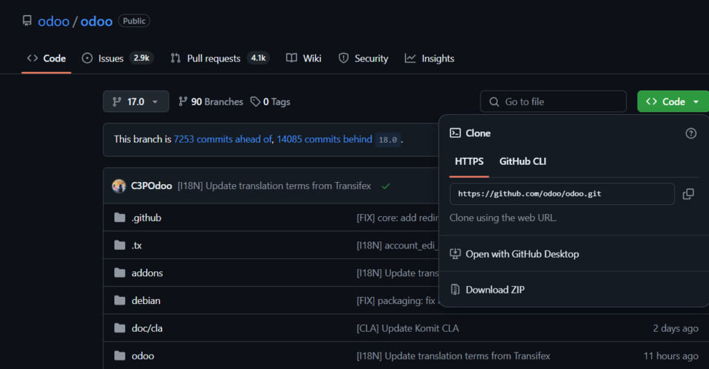 downloading odoo 17 from github