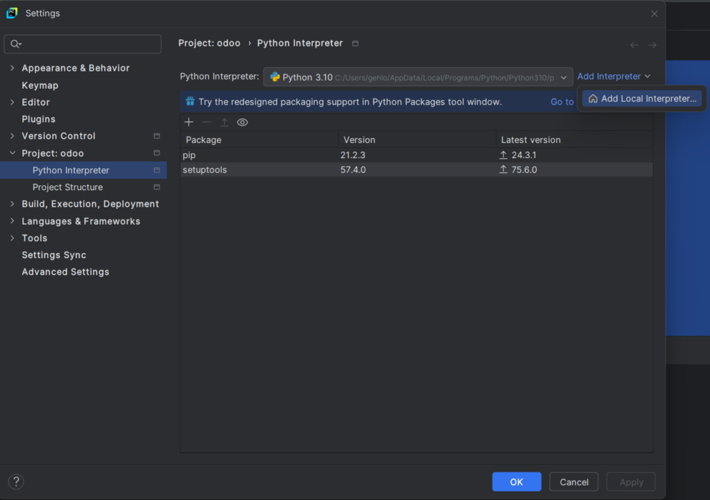 Python interpreter setup for odoo in pycharm