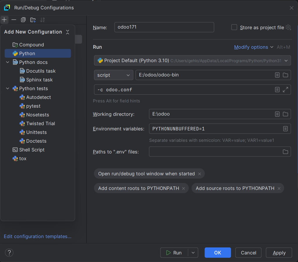 creating odoo configuration in pycharm