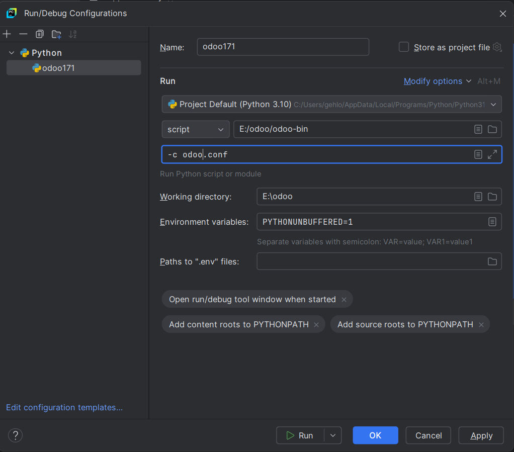 pycharm configuration for multiple odoo instance