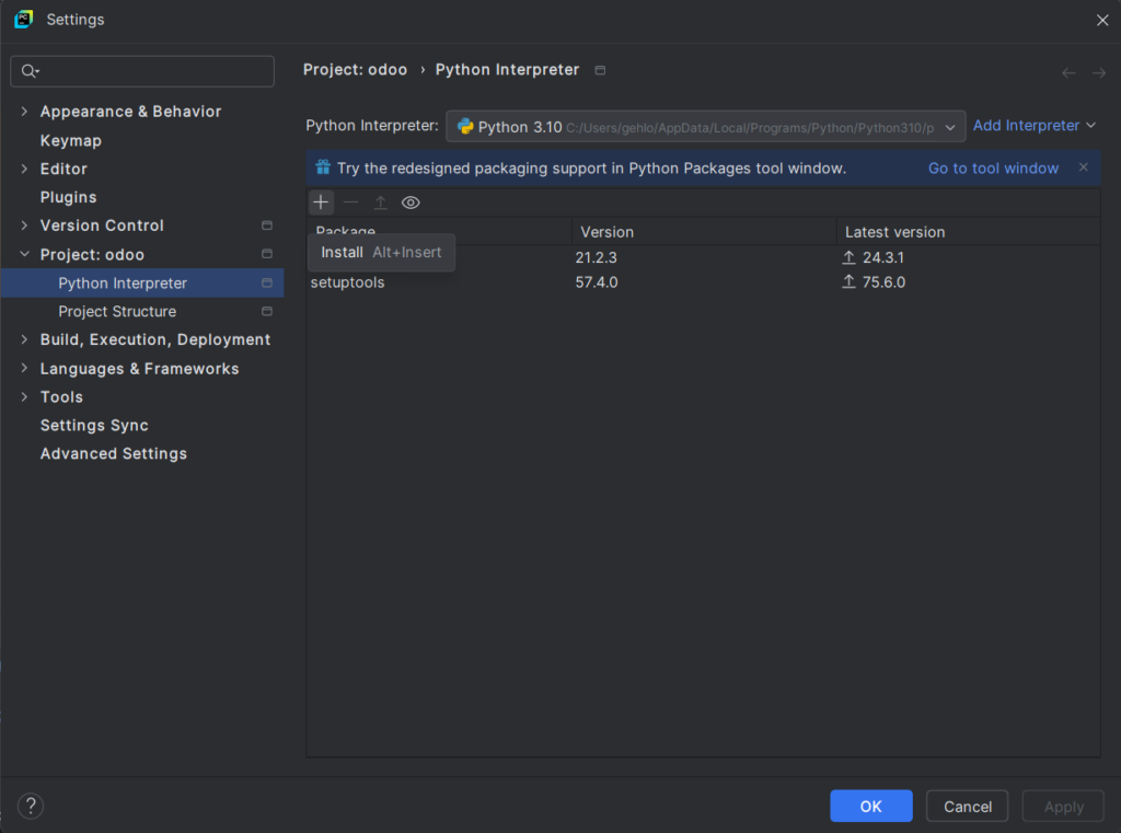 python odoo requirement package installation