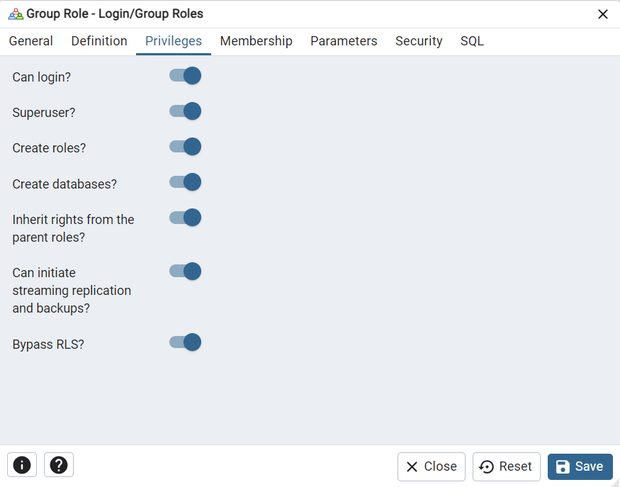 privileges option in pgadmin4, odoo postgres configuration